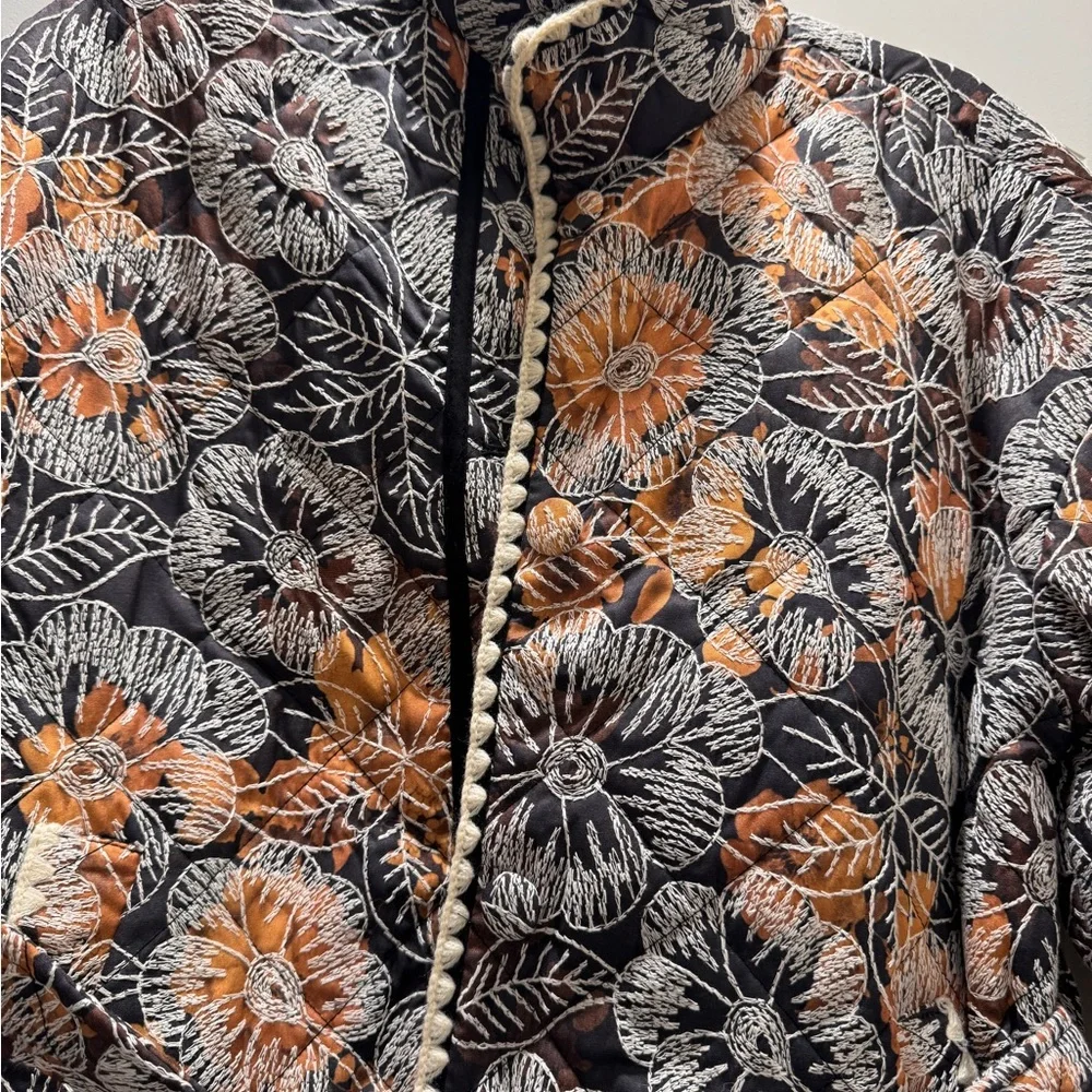 7 For All Mankind Floral Jacket - Black, White, and Orange - Picture 3 of 10